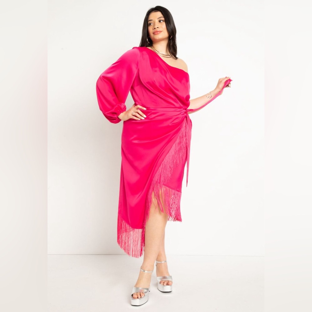 Eloquii One Shouldered Pink Fringe Dress Size 14